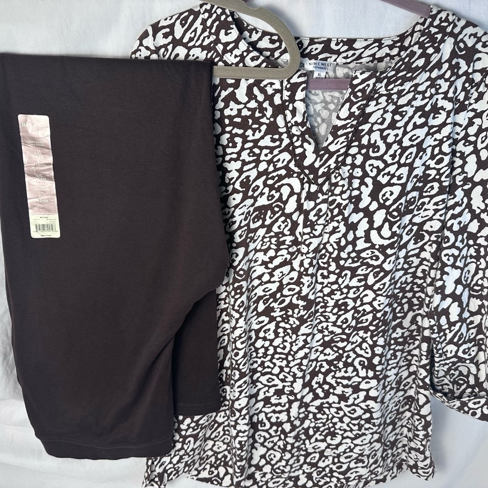 Women’s 2 Pc Outfit Brown Animal Print Top XL & Pants L White Stag NWT